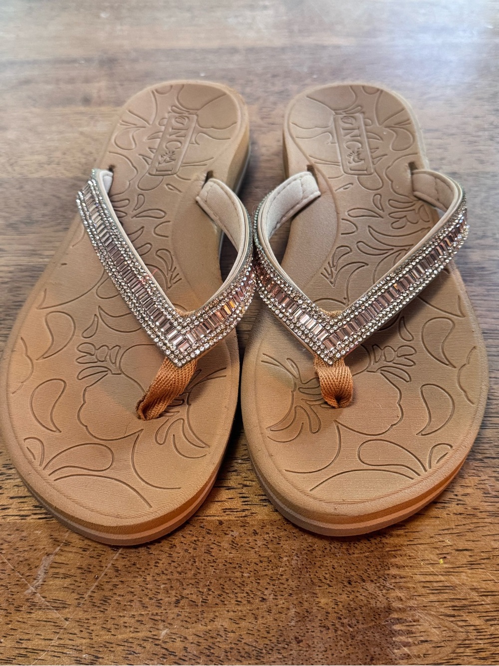 Embellished Tan Women's V-strap Flip Flop Sandals